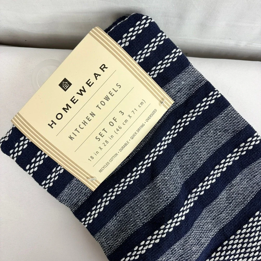 HOMEWEAR Navy Blue White Striped Kitchen Towels Set of 3‎ Recycled Cotton 18x28